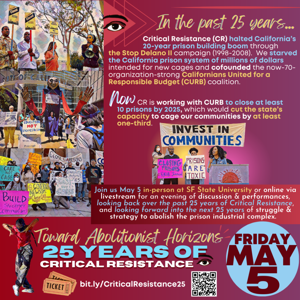 A flyer with a gradient dark red background that fades to plum. Three square-shaped illustrations of CR's anti-prison campaigns in California over the past 25 years, stacked vertically on top of one another on the left side of the flyer. A light red, three-layered arrow with CR’s logo (a critical eye) on top of the foreground arrow point to the text: “In the past 25 years…Critical Resistance (CR) halted California’s 20-year prison building boom through the Stop Delano II campaign (1998-2008). We starved the California prison system of millions of dollars intended for new cages and cofounded the now-70-organization-strong Californians United for a Responsible Budget (CURB) coalition. Now CR is working with CURB to close at least 10 prisons by 2025, which would cut the state’s capacity to cage our communities by at least one-third.” Underneath the text is a silhouette illustration of a press conference in Sacramento to close CA prisons, with a CR member speaking. She is a Black-Latinx queer person with a denim jacket and dark black curly hair. Three other organizers—all people of color—stand alongside her holding anti-prison signs with tints of bright sunrise shades fading behind them. Below, text about the event follows in a textbox with the same background colors but in a reversed gradient. In the lower row of the bottom part of the flyer, text reads: “Toward Abolitionist Horizons” in gold handwriting-style font above block letters with shadow of “25 Years of Critical Resistance” in light blue and white in the lower lefthand corner; The date of the event (Friday May 5) is in a blue circle with larger burgundy font. An icon of two tickets and the link with QR code are underneath the event title: “bit.ly/CriticalResistance25.”